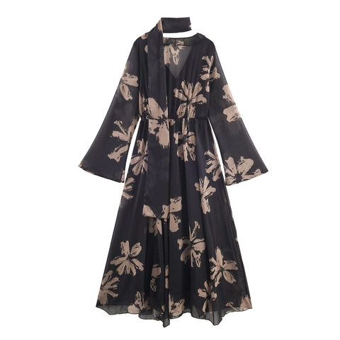 Abito Maxi Elegante In Chiffon Con Stampa Floreale Scollo A V Lunghe Maniche A Campana E Scollo Annodato Per Donna