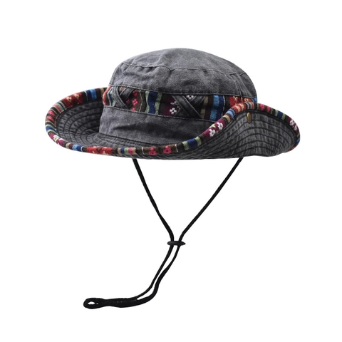 Cappello Da Pescatore In Cotone Lavato Denim Nastro Intrecciato Etnico Coulisse Regolabile Pieghevole Escursionismo