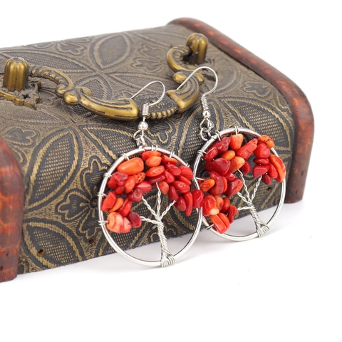 Handmade Wire Wrapped Tree Of Life Dangle Earrings With Natural Crystal Chip Stones Bohemian Amethyst For Women