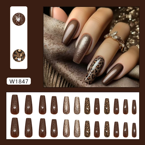 Long Coffin Press On Nails Leopard Print Caramel Brown Fine Glitter ABS Ballerina Artificial False Nails For Women Elegant Fashion