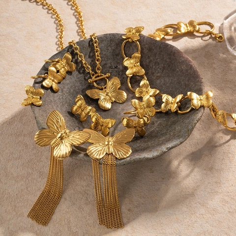 Collezione Gioielli Farfalla in Acciaio Inossidabile Oro Vintage per Donna Collane Minimaliste Eleganti Orecchini Anelli Bracciale