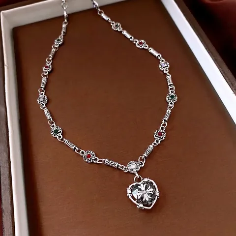Gothic Heart Cross Pendant Necklace Alloy Rhinestone Retro Silver Color Metal With Colorful Stones Sweet Cool Jewelry