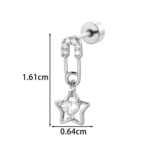 Paperclip Safety Pin Star Pendant Ear Bone Stud With Heart Cubic Zirconia Titanium Steel Piercing Jewelry Minimalist