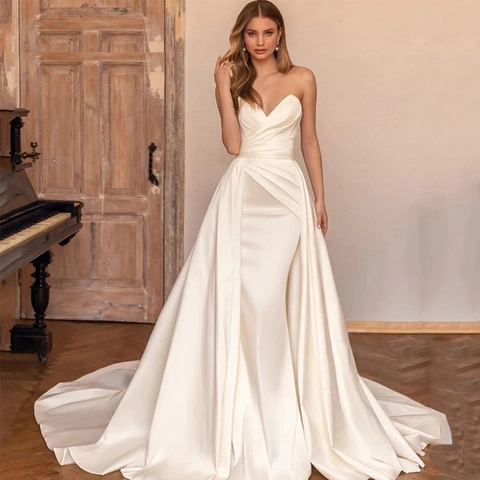 Wedding Dress Satin Strapless Sweetheart Backless Mermaid With Large Train Pleated Ivory Elegant For Women Bridal