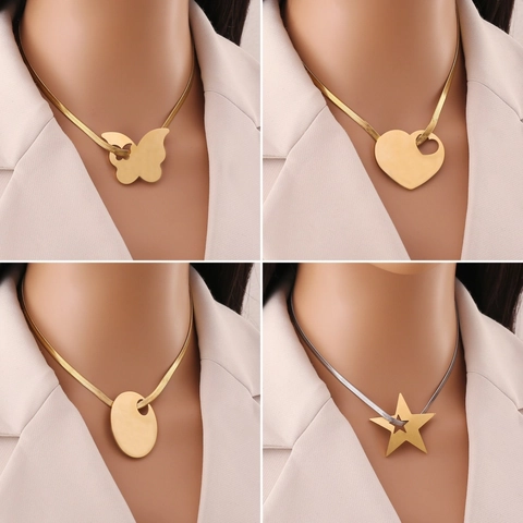 Stainless Steel Pendant Necklace Butterfly Heart Star Oval Shape Flat Snake Chain Fashion Jewelry For Women