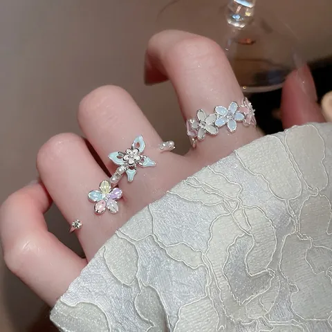 Anello Regolabile Fiore Farfalla Rame Zircone Smalto Imitazione Perla Artificial Gioielli Stile Ins Dolce Per Donne