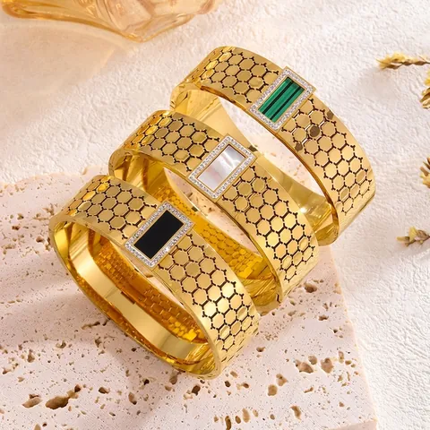 Titanium Steel Honeycomb Bangle Gold Plated Hollow Rectangular Shell Rhinestone Retro Fashion Jewelry For Women