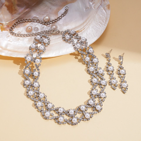 Conjunto Joyas Mujer Perla Artificial Imitación Diamante Imitación Gargantilla Flor Calada Collar Y Pendientes Colgantes Boda