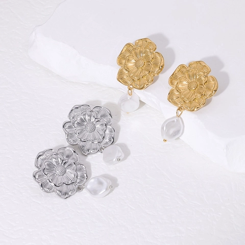 Kamelienblüten Tropfenohrringe Edelstahl 18K Vergoldet Künstliche Barockperle Französischer Vintage Stil Damen