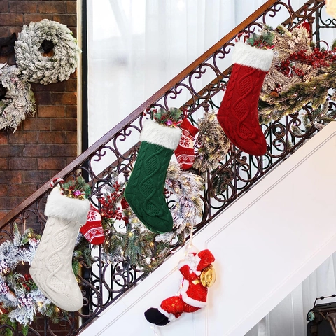 Calze Di Natale In Maglia Treccia Con Risvolto In Pelliccia Sintetica Decorazione Per Camino Festa Di Natale Da Appendere