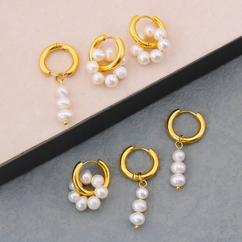 18K Vergoldeter Edelstahl Natürliche Süßwasserperlen Ohrhänger Für Damen Elegante Asymmetrische Geometrische Schmuck
