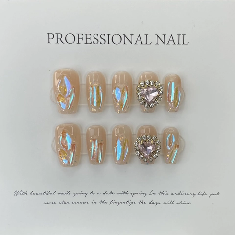Ongles À Presser À La Main Forme Cercueil Long Dégradé Aurora Paillettes Strass Cœur Élégant Faux Ongles Réutilisables