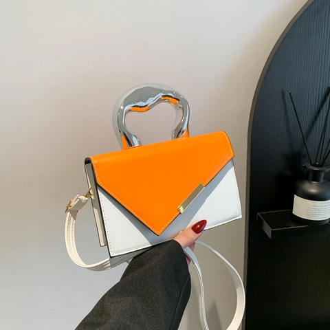 Color Block PU Leder Tas Mit Unregelmäßigem Metallgriff Abnehmbarer Riemen Moderne Minimalistische Handtasche Für Damen