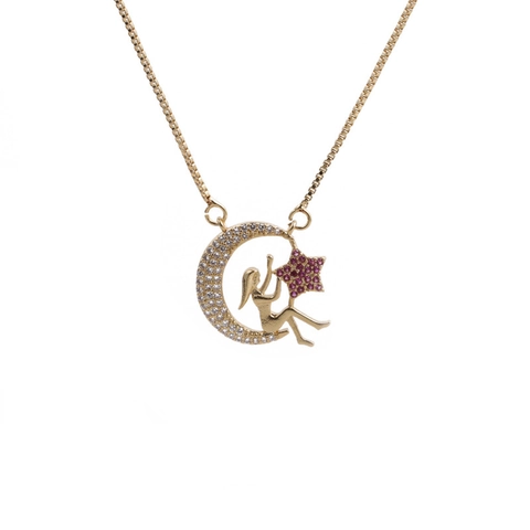 Moon Goddess Crescent Pendant Necklace Copper With Sparkling Zircon Star Box Chain Fashion Jewelry For Women Elegant