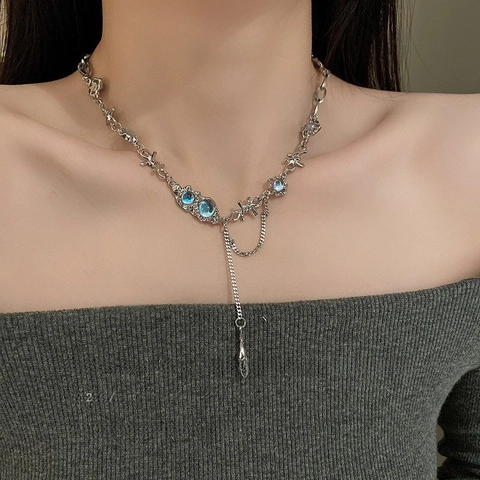 Women Fashion Necklace Heart Moon Star Pendant Clavicle Chain Korean Niche Design Alloy Synthetic Moonstone Zircon Jewelry