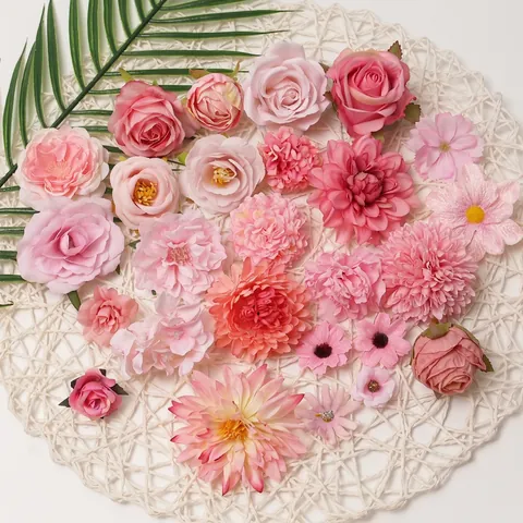 Artificial Flower Heads Pink Satin Fake Roses Peony Daisy Multi Styles For DIY Wedding Home Party Decor Hair Accessories
