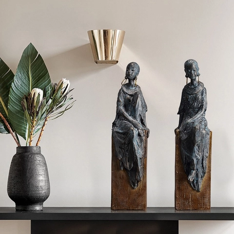 African Lady Figurine Retro Abstract Female Sculpture Resin Statue Bronze Finish Home Living Room Office Desktop Decor