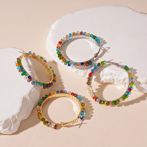 Orecchini A Cerchio Con Perline Di Vetro Colorate E Perno In Argento Grandi Tondi Geometrici Per Donne