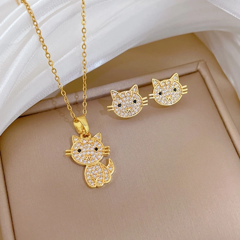 Cute Cartoon Cat Necklace And Earrings Jewelry With Full Rhinestone Titanium Steel Copper Gold Plated For Women