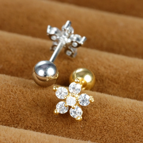 Flower Cartilage Stud Earrings Stainless Steel Zircon Small Screw Ball Back Piercing Jewelry For Women Daily Wear