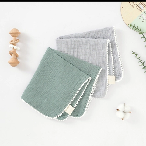 Baby Muslin Squares Washcloths 100% Muslin Cotton Pom-Pom Trim Soft Absorbent Saliva Towel For Newborn Feeding Bathing