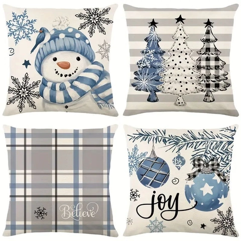 Federe Natalizie In Lino Decorative Per Divano Decorazione Casa Tema Invernale Pupazzo Di Neve Albero Blu Bianco