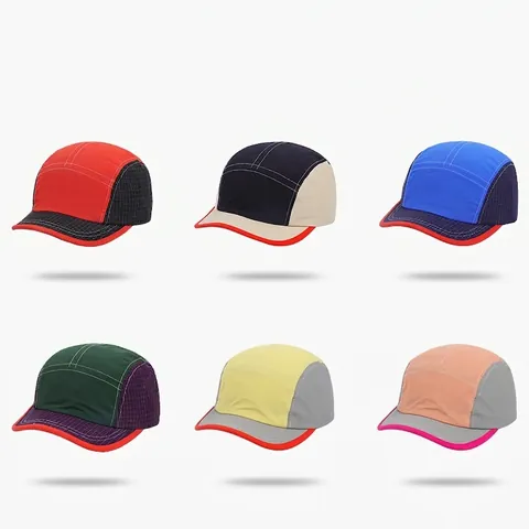 Five Panel Camper Hat Nylon Quick Dry Sun Protection Short Brim Patchwork Ripstop Grid Adjustable Outdoor Sport Unisex