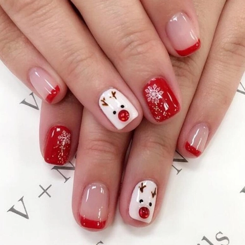 Christmas Press On Nails ABS Plastic Resin Reusable Short Square Red White Snowflake Reindeer Winter Holiday For Women