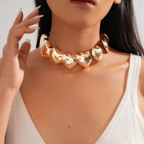 Klobige Herzgliederkette Choker Halskette Glänzendes Eisen Metall Statement Schmuck Für Damen Mode Übertriebener Stil