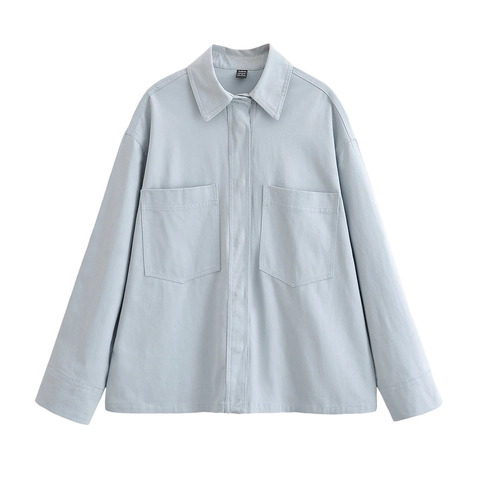 Women Long Sleeve Blouse Twill Fabric Solid Color Chest Pockets Lapel Button Down Casual Loose Shirt Jacket