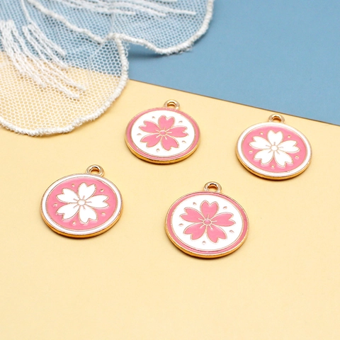 Ciondolo Sakura Tondo Lega Smalto Motivo Floreale Rosa Bianco Per Creazione Gioielli DIY Orecchini Portachiavi Oro