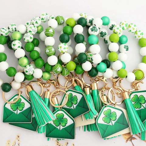 St Patrick's Day Beaded Keychain Wristlet With Shamrock Envelope Charm And Tassel Wood Silicone Beads Lucky Accessory