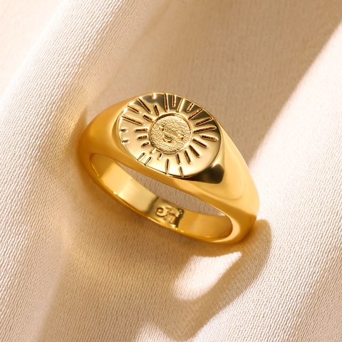 Anillo De Sello Vintage Sol Cara Sonriente Cobre Bañado En Oro 18K Joyería De Moda Retro Para Mujeres Hombres