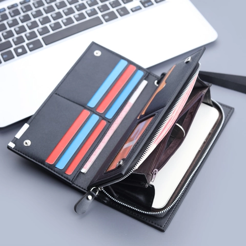 Portefeuille Long Pour Hommes Pochette En Cuir PU Grande Capacité Multifonctionnel Fermeture Éclair Fentes Pour Cartes Avec Dragonne