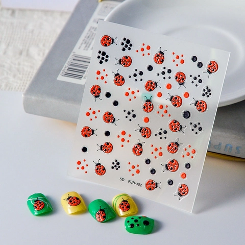 Autocollants Pour Ongles 5D Coccinelle Auto Adhésifs Gaufrés Scarabée Rouge Pois Décorations Pour Manucure DIY Mignons Cartoon