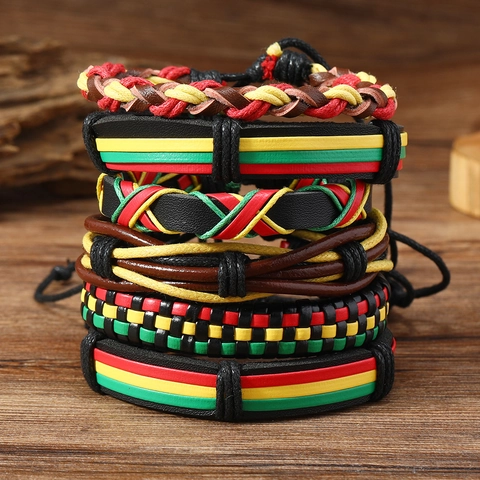 Heren Leren Armbanden Multi Layer Geweven Gevlochten Waskoord Legering Etnische Rasta Stijl Sieraden