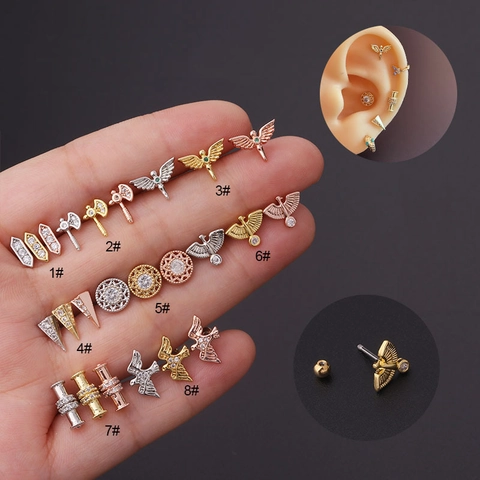 Totem Vlinder Vleugels Bijl Oorkraakbeen Studs Roestvrij Staal Koper Zirkoon Schroef Bal Piercing Sieraden