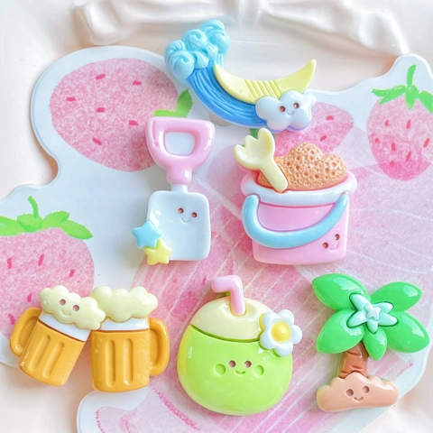 Summer Beach Resin Charms Cartoon Coconut Tree Sea Wave Shovel Flatback Cabochons DIY Crafts Decor Accessories Cute