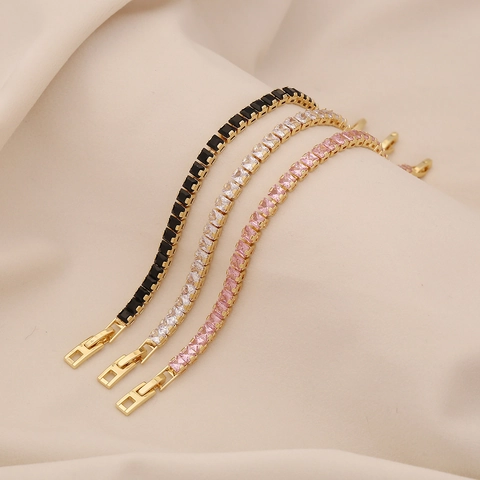 Bracelet Rivière Zirconium Coupe Baguette Cuivre Plaqué Or Zircon Carré Élégant Mode Bijou Pour Femme