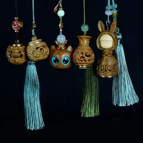 Hollowed Sandalwood Sachet Pendant Hand Carved Luminous Stone Lotus Gourd Diffuser Hanging Ornament Zen Style
