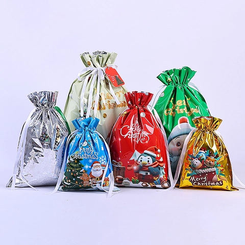 Christmas Drawstring Gift Bags Metallic Foil PE Plastic Candy Wrap Pouches Merry Christmas Festive Holiday Favors