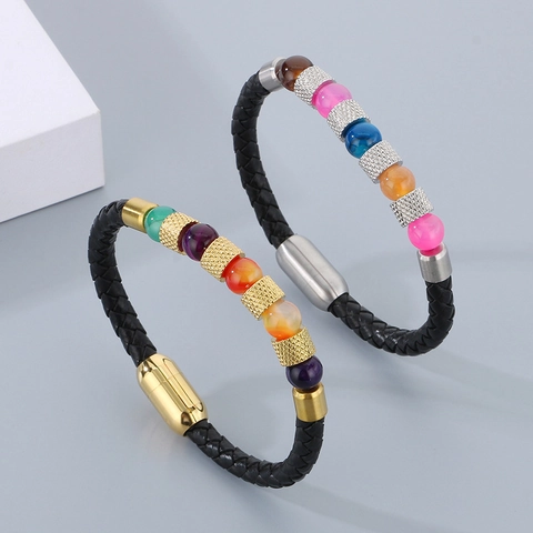 Braided Leather Bracelet With Multicolored Quartz Stone Beads And Stainless Steel Magnetic Buckle Trendy Unisex Jewelry