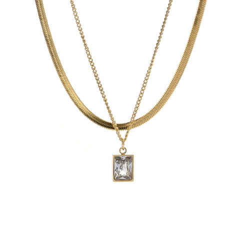 Double Layer Necklace Titanium Steel Square Cubic Zirconia Pendant Snake Chain Gold Plated Minimalist Elegant For Women