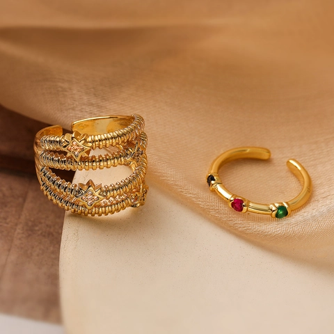 Anillos Abiertos Ajustables Para Mujer Cobre Chapado En Oro Real Circón Estrella Piedras Coloridas Joyería Retro Minimalista