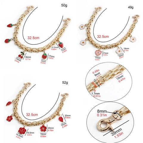 Catena Per Borsa Tracolla Oro Lega Di Metallo Estensione Con Pendenti Smaltati Fragola Ciliegia Fiore Accessorio Trendy