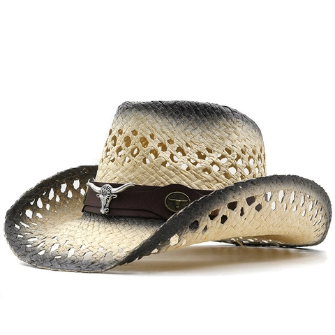 Chapeau De Cow-boy En Paille Respirant Large Bord Décor Tête De Taureau Protection Solaire Plage Été Style Vintage Unisexe