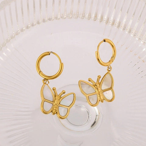 Vlinder Vleugel Oorringen Elegant Roestvrij Staal Wit Kunstparelmoer 18K Verguld Hangende Oorbellen Sieraden Voor Dames