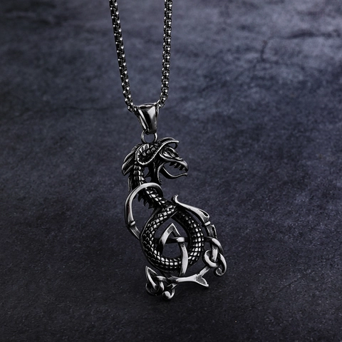 Draak Hanger Ketting 316L Roestvrij Staal Viking Mythe Vintage Zilver Keltische Knoop Sieraden Voor Heren Met Box Ketting