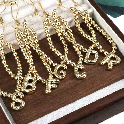 Vintage Initial Letter Pendant Bracelet 18K Gold Plated Copper Zircon Inlaid Beaded Adjustable For Women Elegant