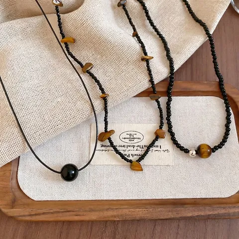 Retro Tiger Eye Beaded Necklace Layered Round Glass Bead Clavicle Chain Boho Ethnic Jewelry For Women